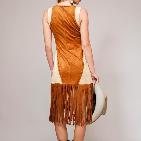 Designer Two Tone Suede Studded Fringe Midi Dress - Picture 2 of 7